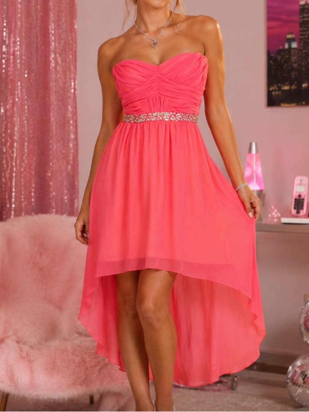 Deb Y2K Strapless High-Low Sheer Chiffon Dress NEW
